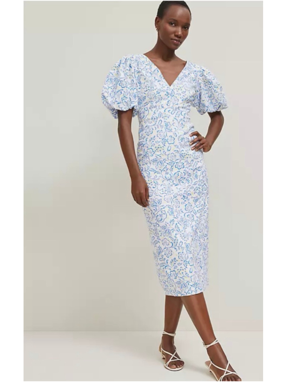 Linen Women's Ann Taylor Petite 6P White Blue Floral Puff Sleeve Midi Dress